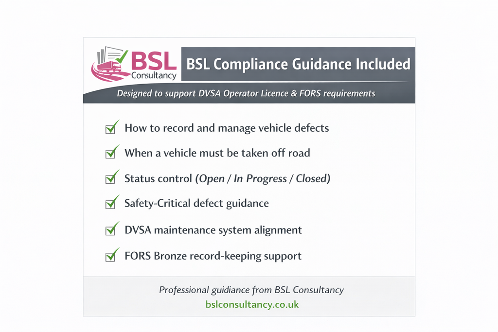 BSL Vehicle Defect Register (DVSA & FORS Compliant) – Excel & Google Sheets