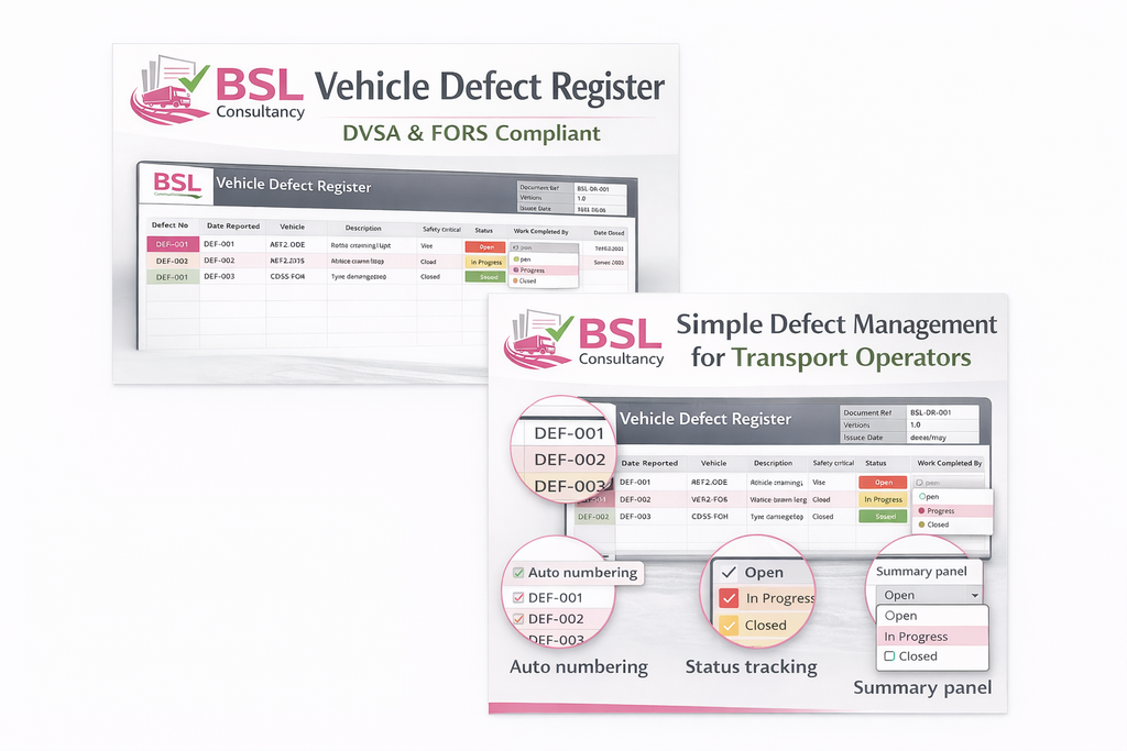BSL Vehicle Defect Register (DVSA & FORS Compliant) – Excel & Google Sheets