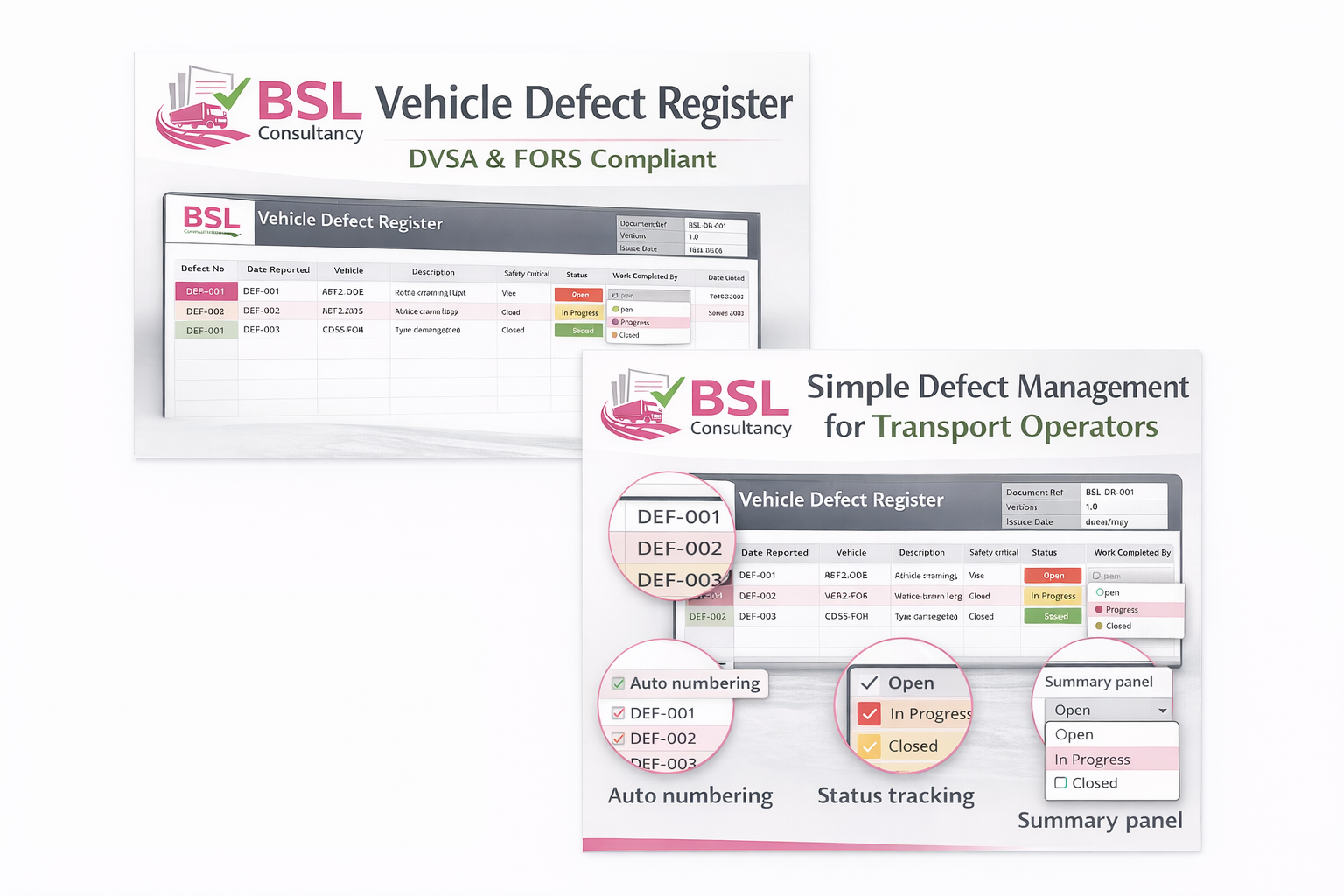 BSL Vehicle Defect Register (DVSA & FORS Compliant) – Excel & Google Sheets