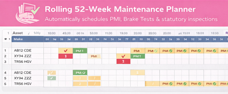HGV Fleet Maintenance Planner Excel | DVSA Compliance Dashboard | PMI & MOT Tracker | 52 Week Vehicle Maintenance Schedule UK